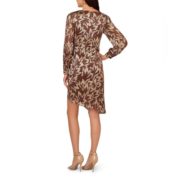 NWT Adrianna Papell V-Neck Palm Leaf Metallic Crinkle Knit Faux Wrap Dress Sz 8 - Picture 4 of 11